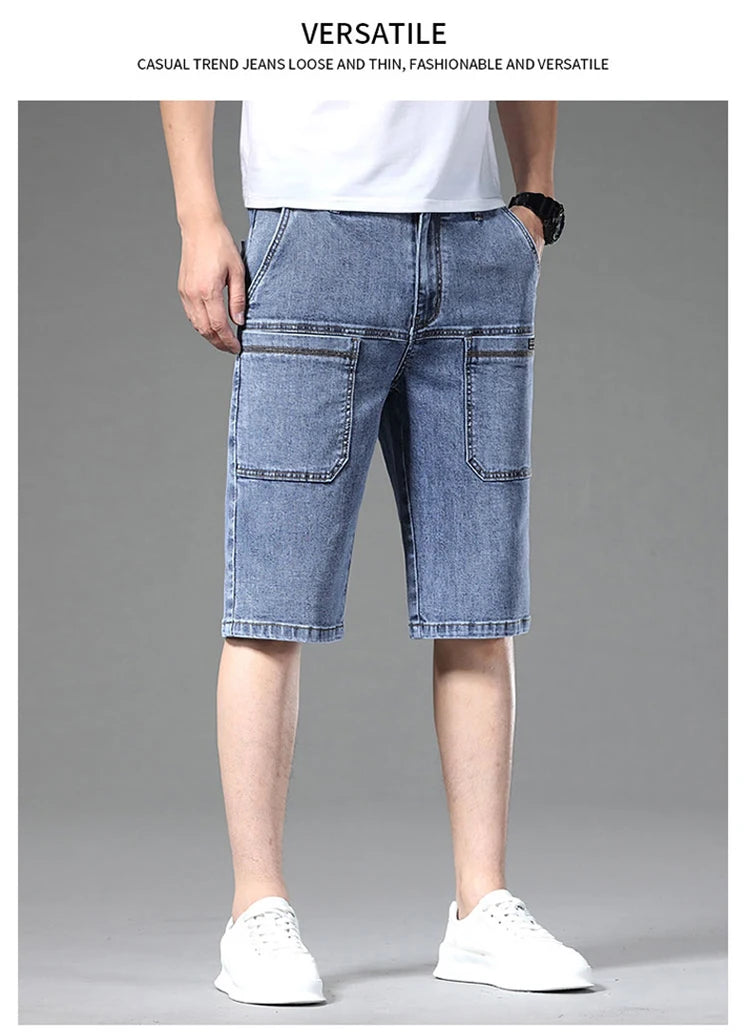Jeans men's pants Korean version trendy jeans slim fit fashion shorts trendy breathable spring/summer multi bag work clothes cro