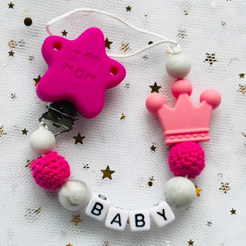 Nou personalizat nume personalizat suzetă clemă lucrată manual din lemn de fag lanț silicon coroană suport suzetă bebeluși jucărie de mestecat cadou de mestecat
