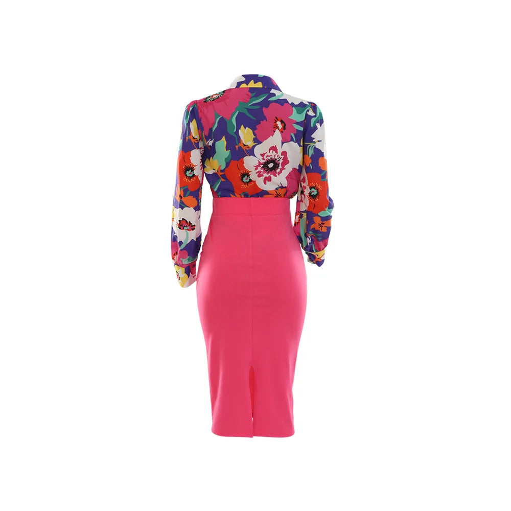 Elegant 2 Piece Set Women OL Outfits Fashion Business Long Sleeve Print Blouse Shirt High Waist Bodycon Skirt Sexy Office Work