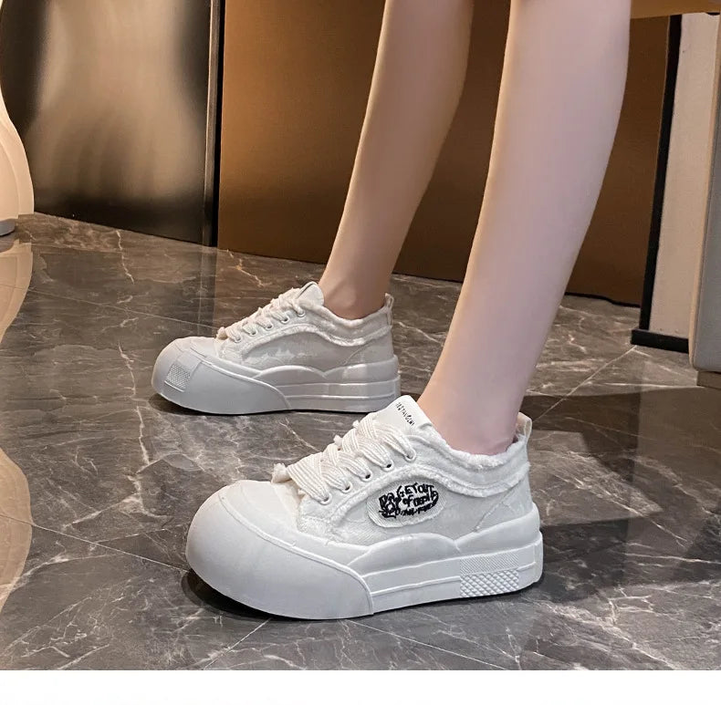 Womens Platform Sneakers White Tennis Shoes Woman Casual Low Top Fashion Chunky Canvas Sneakers 2025 New Spring Summer Trainers