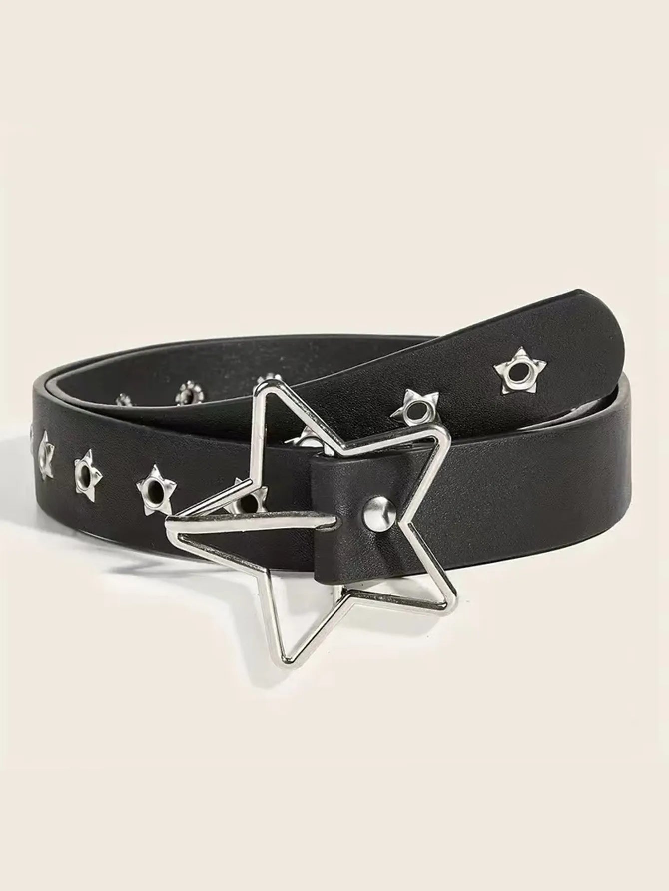 Punk-Style Star Embellished Belt with Multiple Holes Fashionable Button Clasp Versatile Waist Belt for Trendy Pants