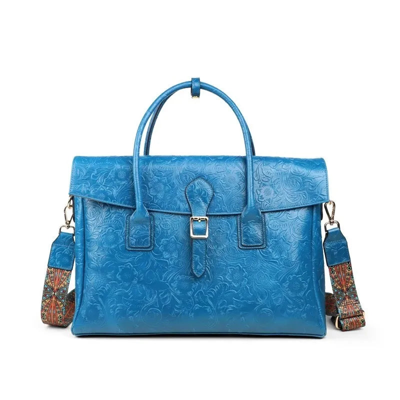 Vintage flower carved leather bag single shoulder briefcase & business satchel