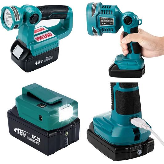 Work Light Portable Lighting Flashlight 14.4-18V Li-Ion Battery 12W for Makita Battery and Charger with USB Port for Outdoor Use
