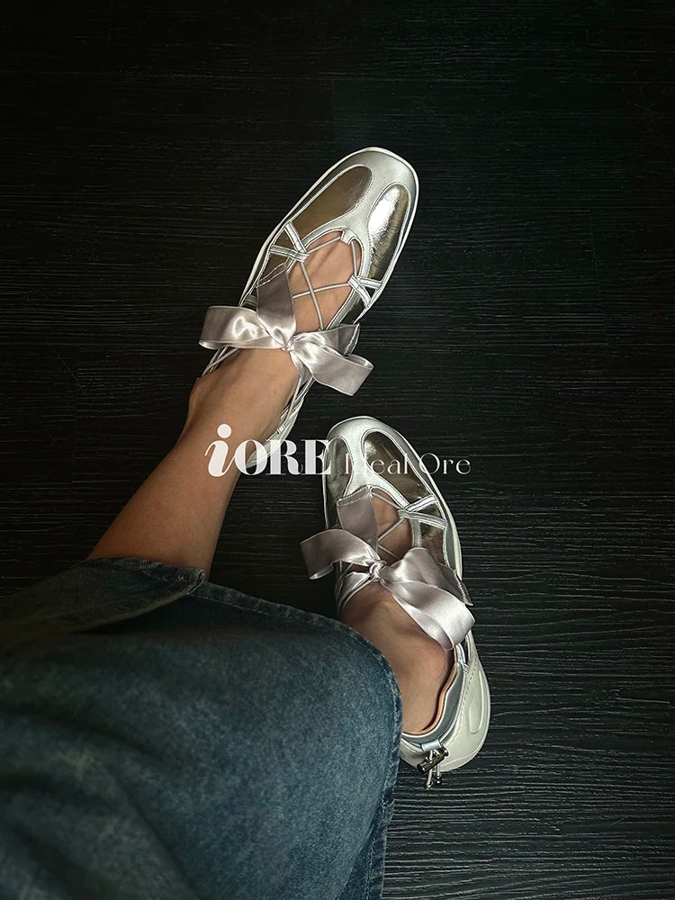 Ballet Flat Sneakers Women's Thick Bottom Bowknot Hollow Out Shoes Fashion Designer Mary Jane Ballet Comfort Shoes Female