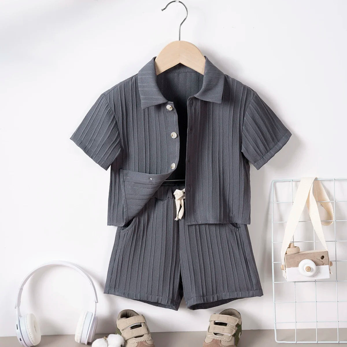 Summer Boys Casual Clothing Set Lapel Short Sleeve Shirt + Elastic Waist Shorts 2 Pcs Set Boys' Fashion Suit