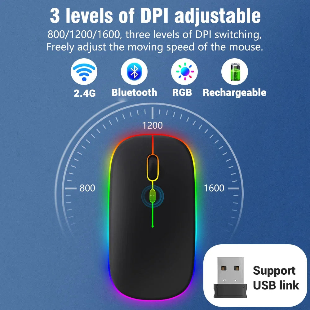 Dual-Mode-Wireless-Maus Bluetooth-kompatibel LED-Rechargeable Laptop-Maus Portable Computer-Mäuse für Laptop iPad Tablet