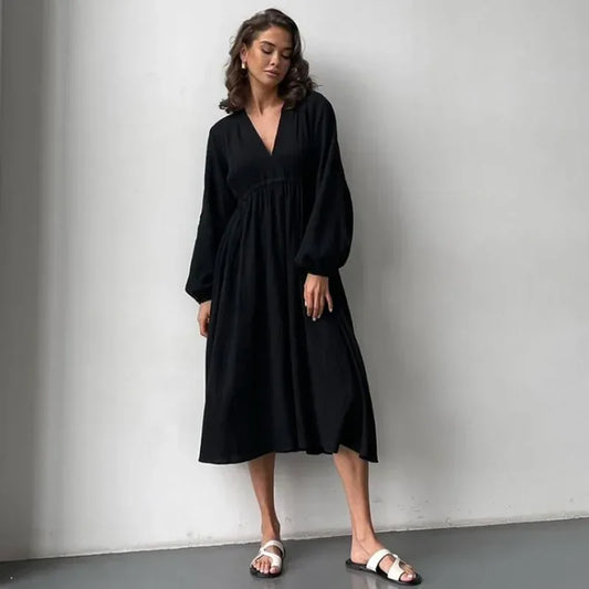 Elegant Dresses For Women 100% Cotton Muslin Long Sleeve V-neck Casual Party Holiday Beach White Black Robes Vestidos de Mujer - Golden Bridge Store
