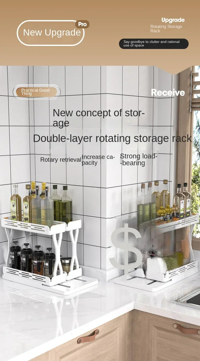 Kitchen Rotating Spice Rack 2 Tier Plastic Seasoning Spice Detachable Jar Storage Rack Pull Out Kitchen Cabinet Organiser