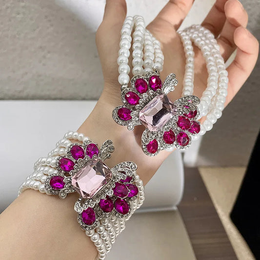 Colier de perle multistrat geometric cu strasuri de lux - Lanț de claviculă de nișă cu design exagerat francez - Bijuterii de petrecere pentru femei