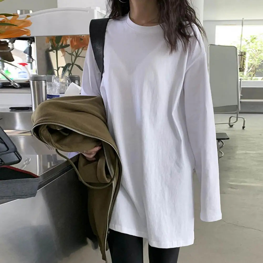 White Women T-shirt Round Neck Loose Long Sleeve Two Side Split Tee Shirt Pullover Spring Autumn Casual Loose t shirt Oversize