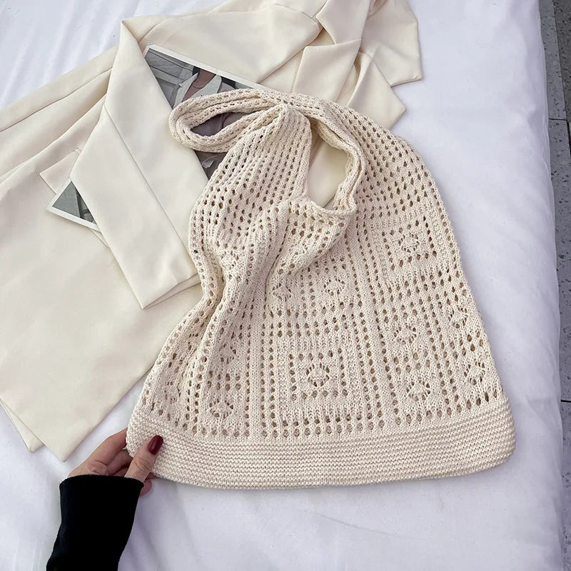 Knitted Handbags Beach Bags Lightweight Students Shoulder Casual Tote Female Style Shopping Woven Bags For Women Girls