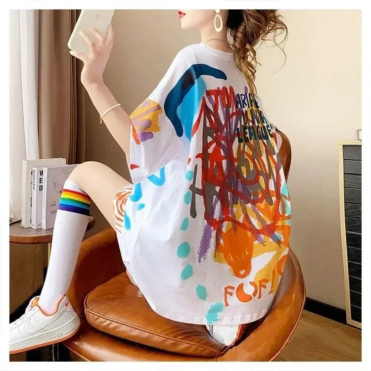 Sommer-T-Shirt 2025: Short-sleeved T-shirt Women's Pure Cotton Summer - New Loose Slim Round Neck Versatile Outside Printed Design Top Trendy Collection