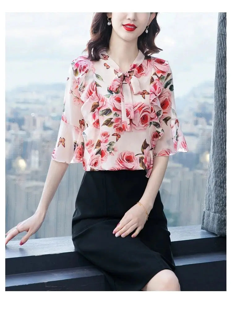 Elegant Fashion Floral Printed Bow Drawstring Chiffon Shirt Summer 2023 V-Neck Three Quarter Sleeve Slim Blouse Women's Clothing
