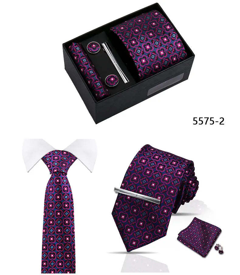 Elegant Men's Suit Necktie Gift Box Set Floral Tie Handchief Cufflinks Tie Clip 4-Piece Business Wedding Party Suit Accessories