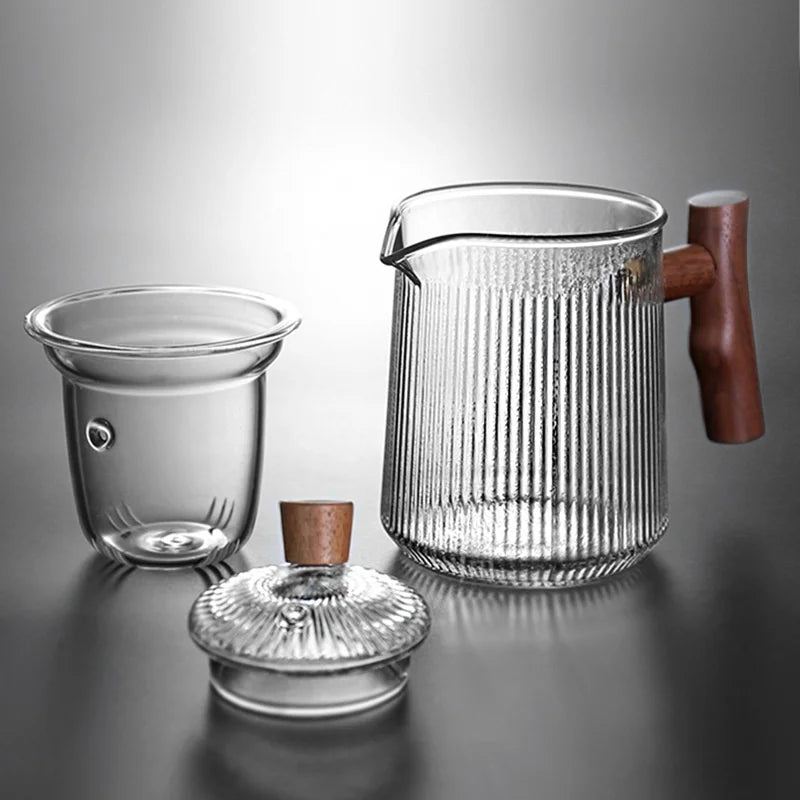 Japanese Heat Resistant Vertical Stripe Glass Tea Pot Wood Handle Teapot Kung Fu Tea Set Puer Kettle Coffee Glass Pot Teaware