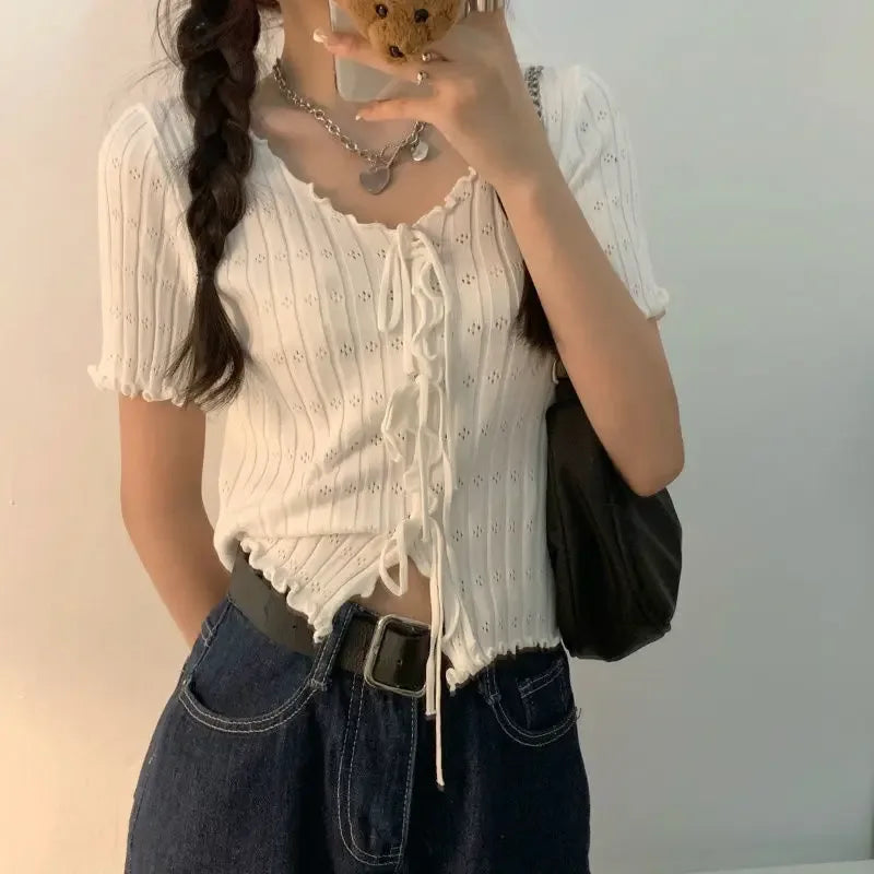 Knitted TShirt For Women V-neck Summer Simple Versatile Casual Crop Tops Bandage Ribbed Short Sleeve Women's Top T-Shirt Girl - Golden Bridge Store