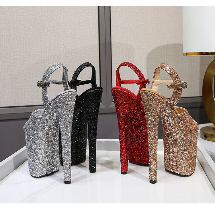 elegant woman shoes with High Heels 20CM Sequined Cloth Platform Modern Sandals Stripper Shoes Red Wedding Women Shoes Pumps