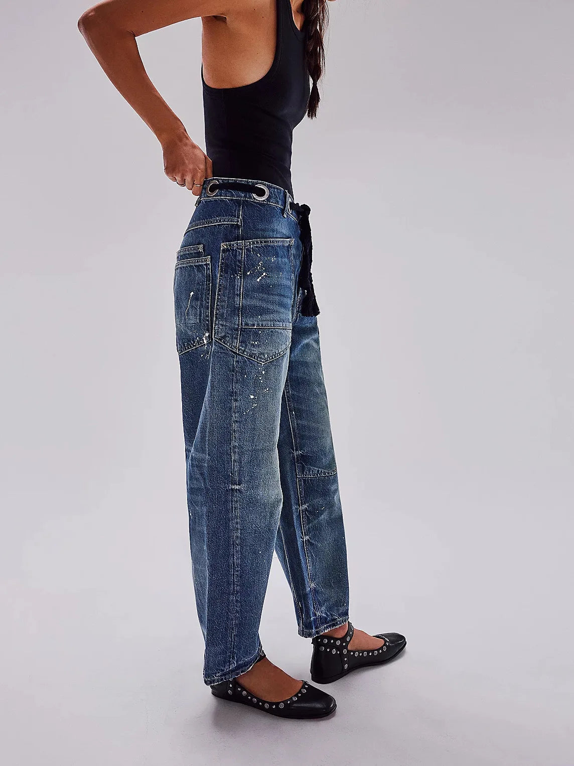 Jeans Women Denim Pants Straight Trousers Drawstring Long Pant Casual Loose Y2k Streetwear Button Pocket Splice Mom Jeans 2025