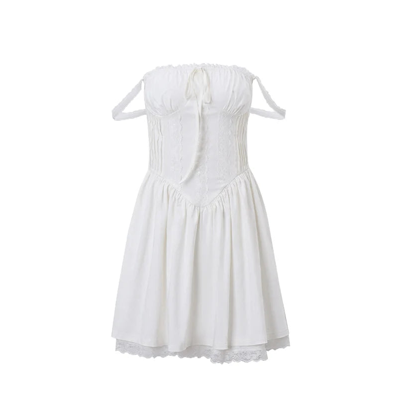 WhereMery Elegant Women Aesthetic  Pleated Mini Dress Y2K White Sleeveless Square-neck Lace-up Off Shoulder Spring Party Dresses