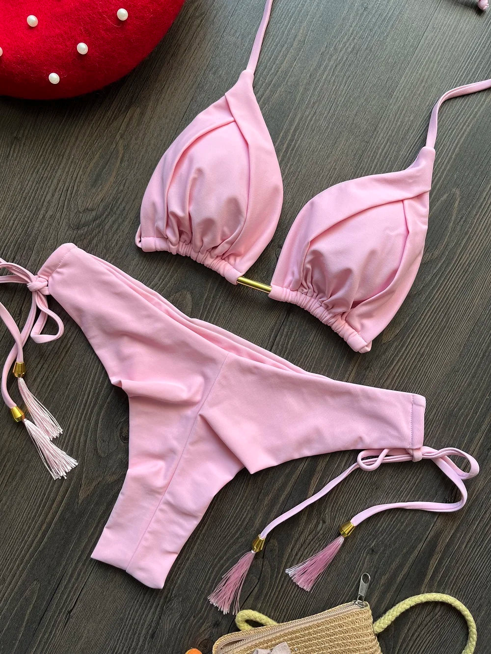 Set bikini pentru femei 2025 - costum de baie triunghiular cu halter brazilian, push-up, lanț metalic