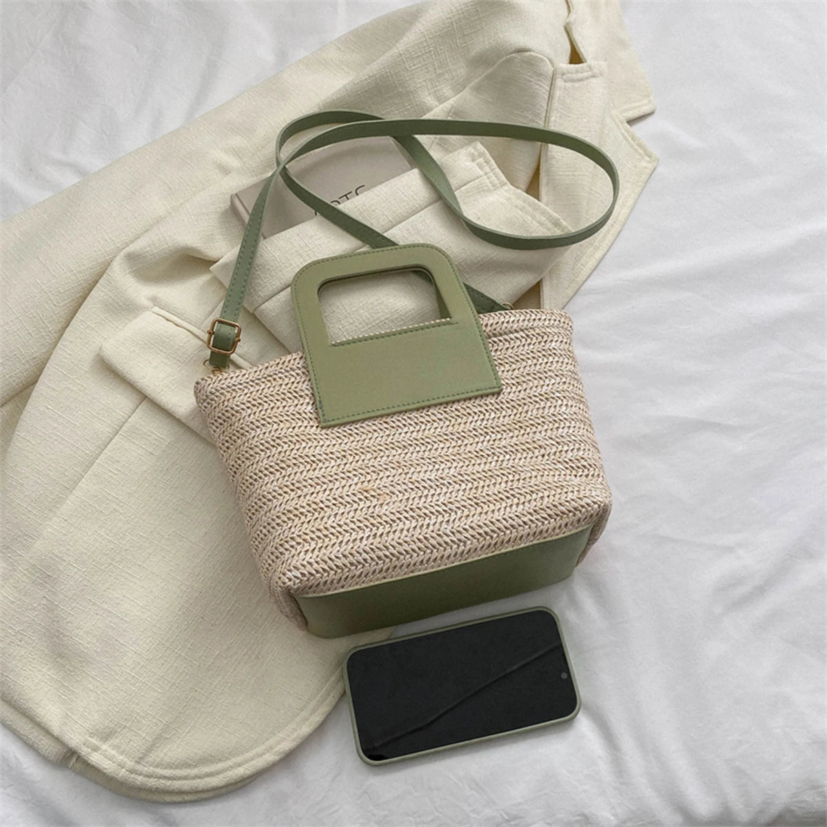 Geantă de plajă din paie țesută pentru femei, ușoară, de vară, cu mânere din piele PU, curea detașabilă, pentru vacanță la piscină, geantă de umăr