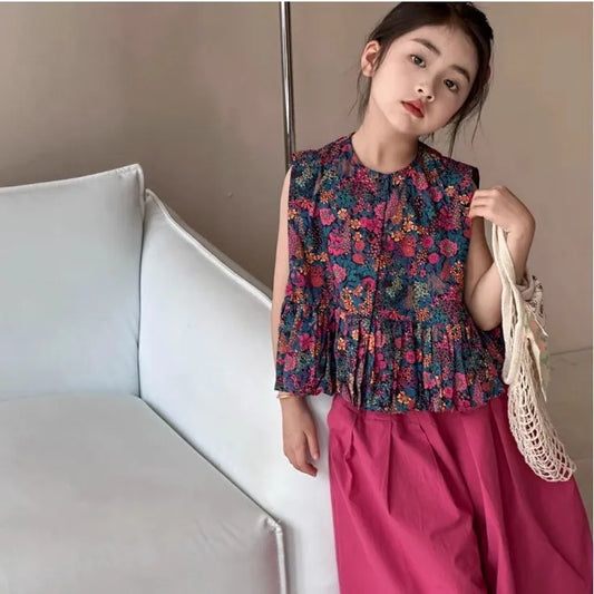 New Summer Infant Baby Girl 2PCS Clothes Set Cotton Floral Print Sleevelss T-shirt Suit Solid Soft Wide Leg Pant Kid Girl Outfit