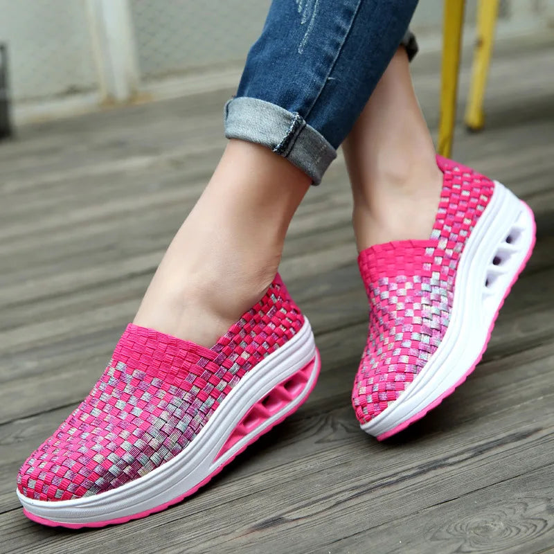 Zapatos De Mujer Sneakers Women's Mixed Color Woven Wedge Rocking Shoes Lightweight Non-slip Breathable Loafers Chaussure Femmes