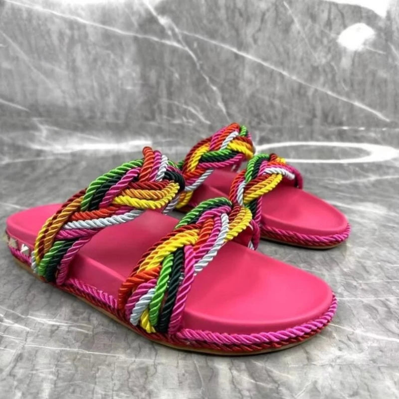 Multi Color Twists Crosst-tied Rivets Embellished Slingback Sandals Slides Women Peep Toe Slip-on Thick Sole Flats Beach Shoes