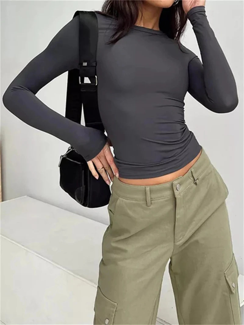 Women Long Sleeve T-Shirts Spring Autumn Slim Fit Casual Pullovers Female Streetwear O Neck Base Tops Tees Y2K Clothes T Shirt