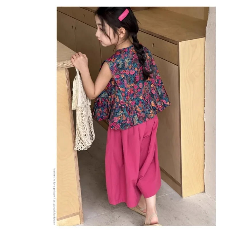 New Summer Infant Baby Girl 2PCS Clothes Set Cotton Floral Print Sleevelss T-shirt Suit Solid Soft Wide Leg Pant Kid Girl Outfit