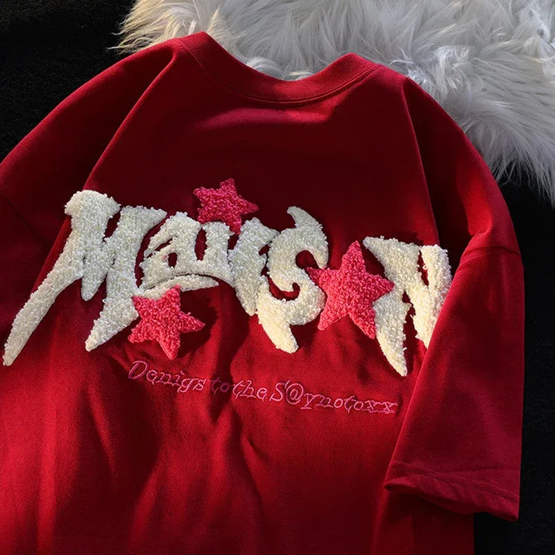 Embroidery Letter Fashion T-shirts for Women Summer 2024 American Vintage Women's Tee Shirt Fun Print Design Y2k Tops - Golden Bridge Store