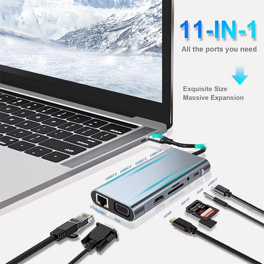 11-in-1 USB-C Hub 4K HDMI - 11 Ports, PD87W, kompakt