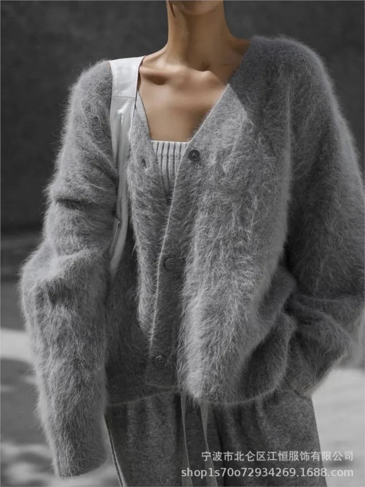 Frauen Kaschmir Strickjacke V-Ausschnitt - Gr. S-XL, lang