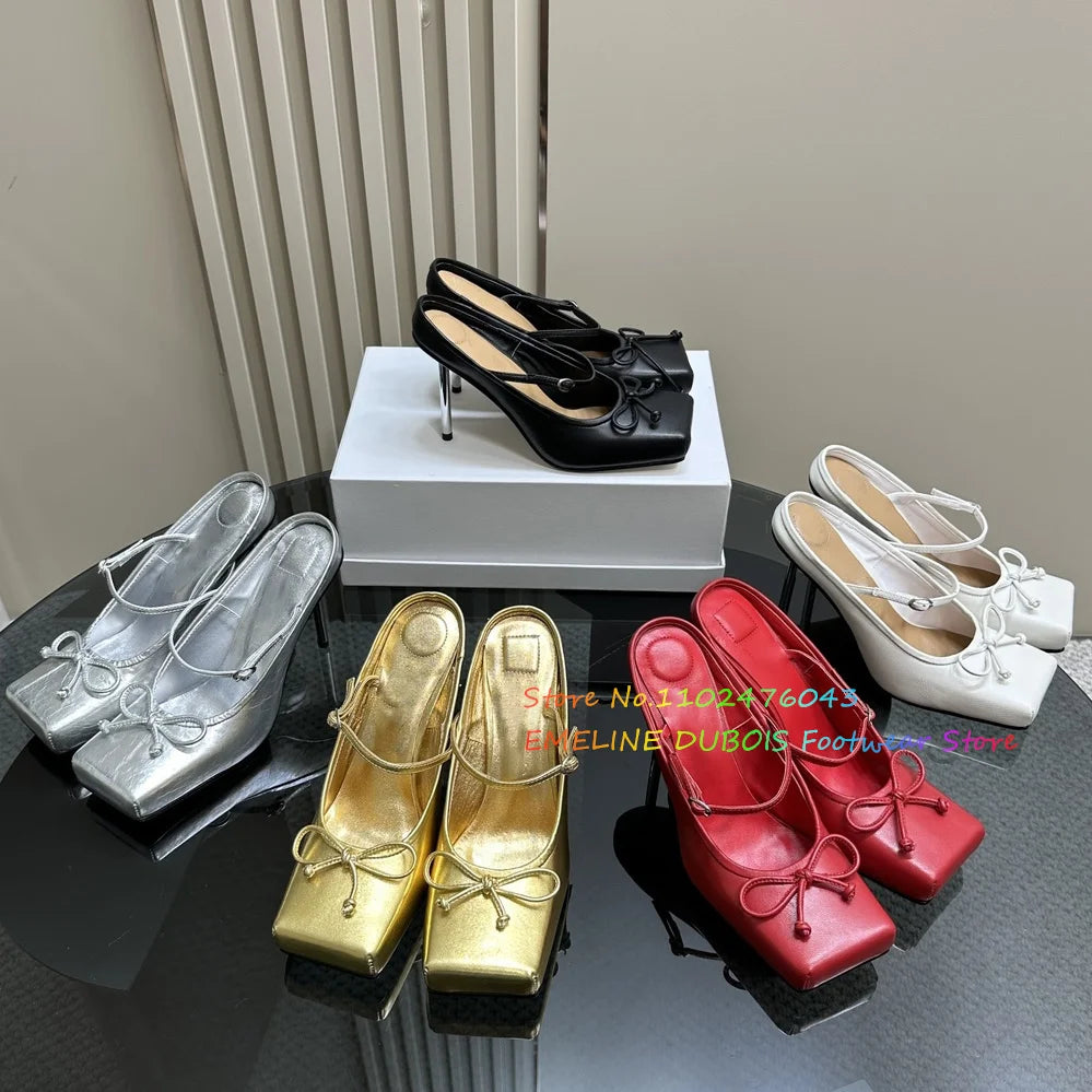 Elegant Women's Formal Shoes Square Toe Bow Tie High Heels Golden Elastic Strap Summer Vintage Mary Janes elegant Party Shoes