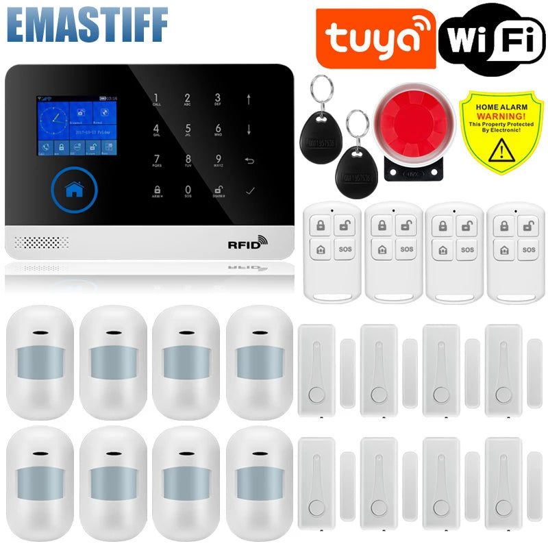 Alarmanlage 2025: Wireless Tuya APP SIM GSM Home RFID Burglar Security - LCD Touch Keyboard WIFI GSM Alarm System Sensor Kit Russian Spanish Voice Collection