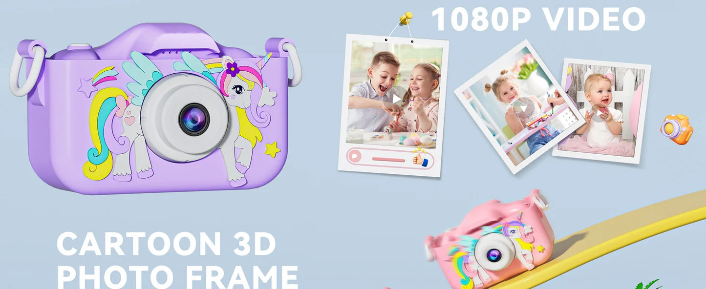 Kinder Mini Kamera Cartoon Einhorn Spielzeug Für Mädchen Jungen Geburtstag Geschenke 1080P HD 2 Zoll Bildschirm Mit Silikon Hülle Aufnahme Leben Kamera