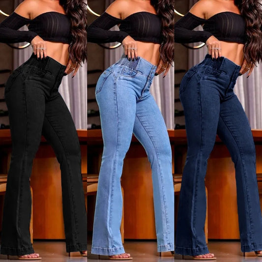 Jeans Women Flare Pant Denim Long Pants Elegant Bodycon Casual Work Button Pocket Straight Trousers High Waist Simple Pants