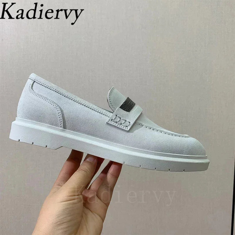 Luxus Damen Flache Schuhe 2025 - Wildleder Kette Perlen Runde Zehen - Slip-On Loafer Komfort Walking Schuhe