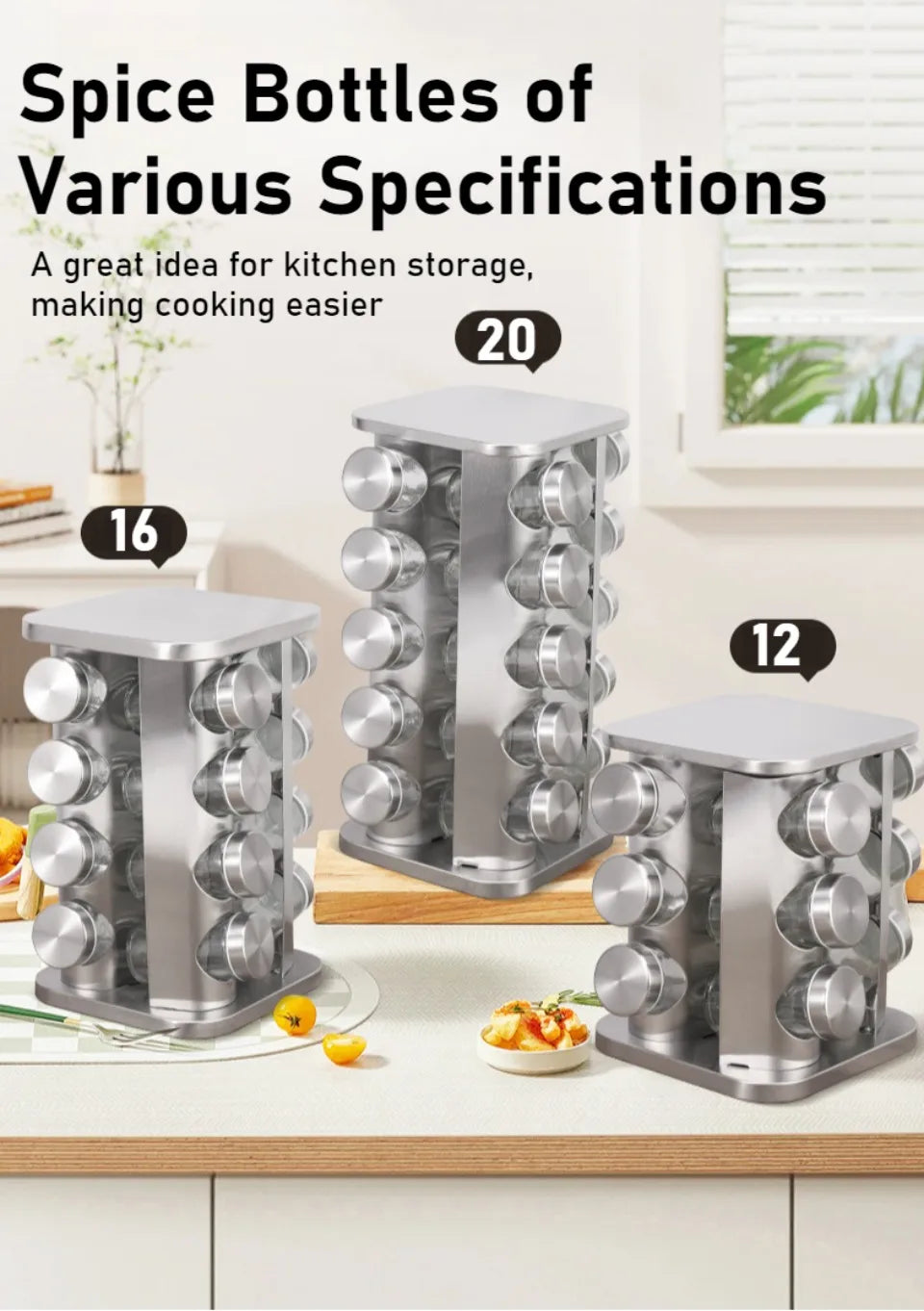 Stainless Steel Spice Rack Rotating Seasoning Set Vertical Spice Sorting Rack Square Condiment Organizer Salt Sugar Containers
