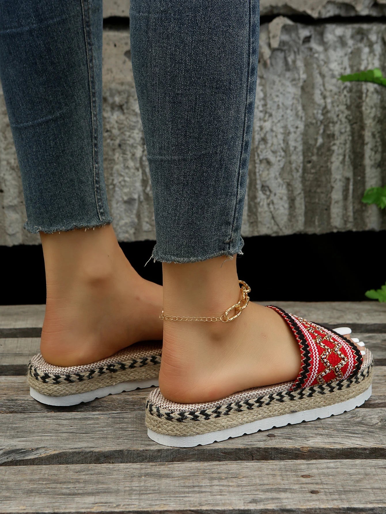 Gewebte Damen Pantoletten Platform - Sommer Schuhe für Damen 2025 Neu - Strand Casual Absatz Sandalen Bohemian Handgemacht Espadrilles