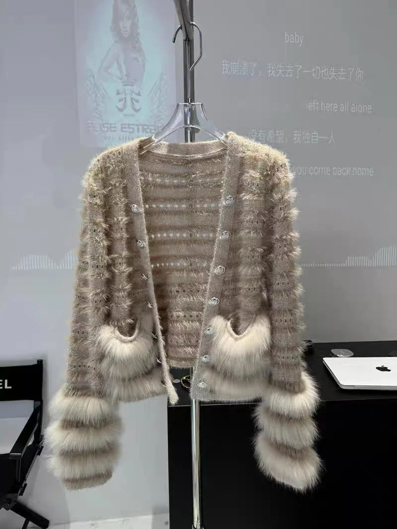 Seoulia V-Ausschnitt Pailletten-Pulli - Gr. M, Stretch, lang