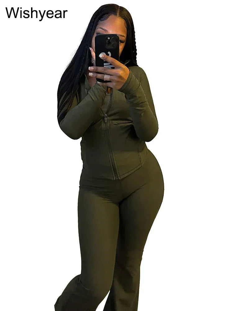 Elegant Sports Women‘s Clothing Sales Long Sleeve Tops and Flare Pants Two Pieces Sets Tracksuit Street Jogging Leggings Outfits - Golden Bridge Store