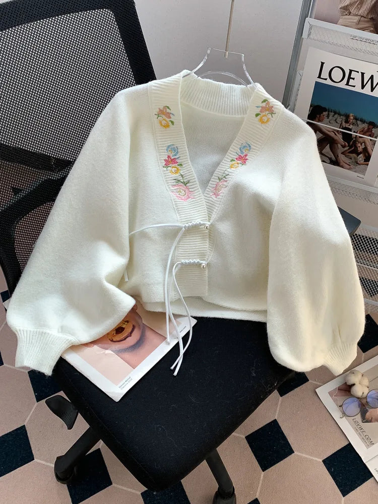 Cardigan BONNTEECN cu decolteu în V și broderie - Lungime scurtă 10-40 cm, Greutate material 120-220 g