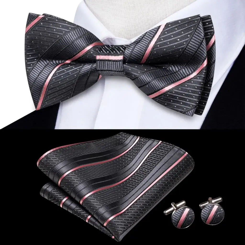 Hi-Tie Silk Mens Bow Tie Pocket Square Cufflinks Set Peach Pink Salmon Pre-tied Butterfly Knot Bowtie for Male Wedding Business