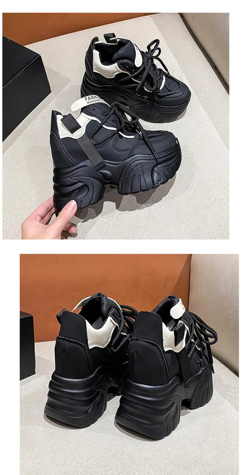 Women Walking Sneakers Autumn Lace-up High Platform Chunky Shoes Breathable Leather Shoes 10.5CM Winter Wedge Heels Casual Shoes