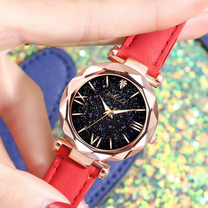 Damen Uhr Strass Romantischer Sternenhimmel - Armbanduhr Mode Damen Leder Uhr - Uhr für Frauen
