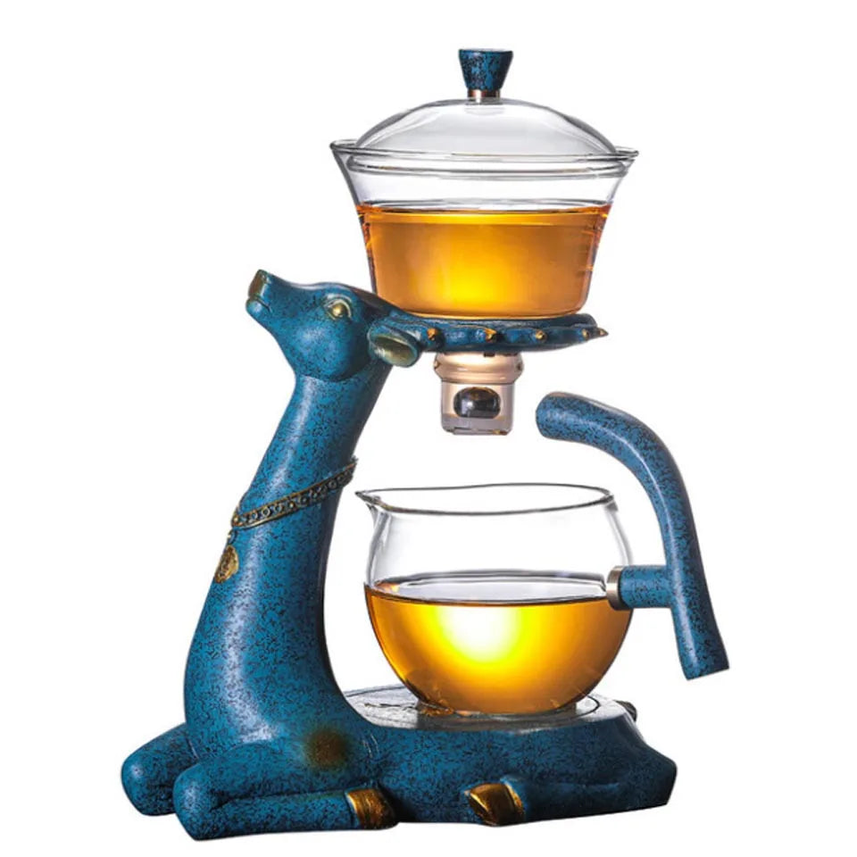 BOZZH-Kungfu Glass Tea Set, Creative Deer Teapot, Magnetic Water Diversion, Tea Infuser, Turkish Drip Pot with Base