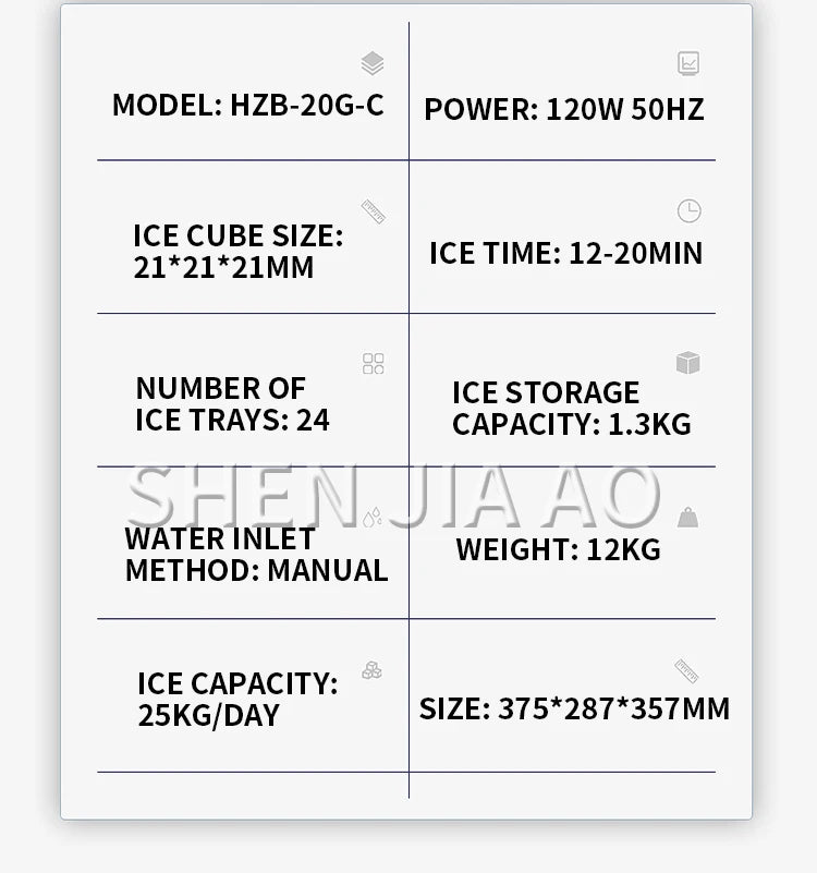 25kg/24h Automatic Electric Quick Ice Maker Commercial Household Milk Tea Shop Bar Desktop Portable Ice Cube Making