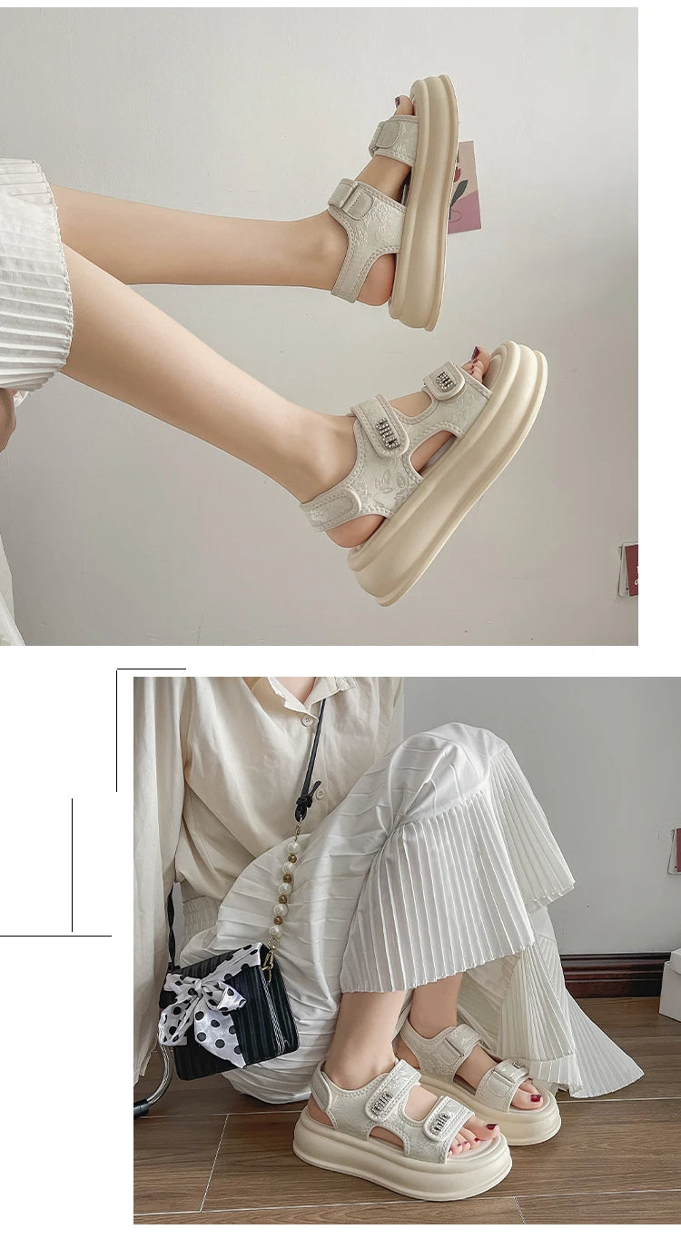 New Embroidery Casual Roman Designer Platform Sandals Women HOOk&LOOP Flats Summer Casual Ladies Outdoor Shoes Zapatos De Mujer