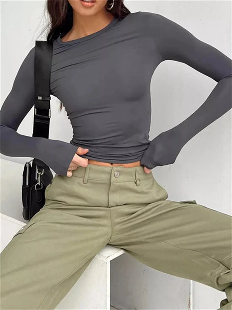 Women Long Sleeve T-Shirts Spring Autumn Slim Fit Casual Pullovers Female Streetwear O Neck Base Tops Tees Y2K Clothes T Shirt